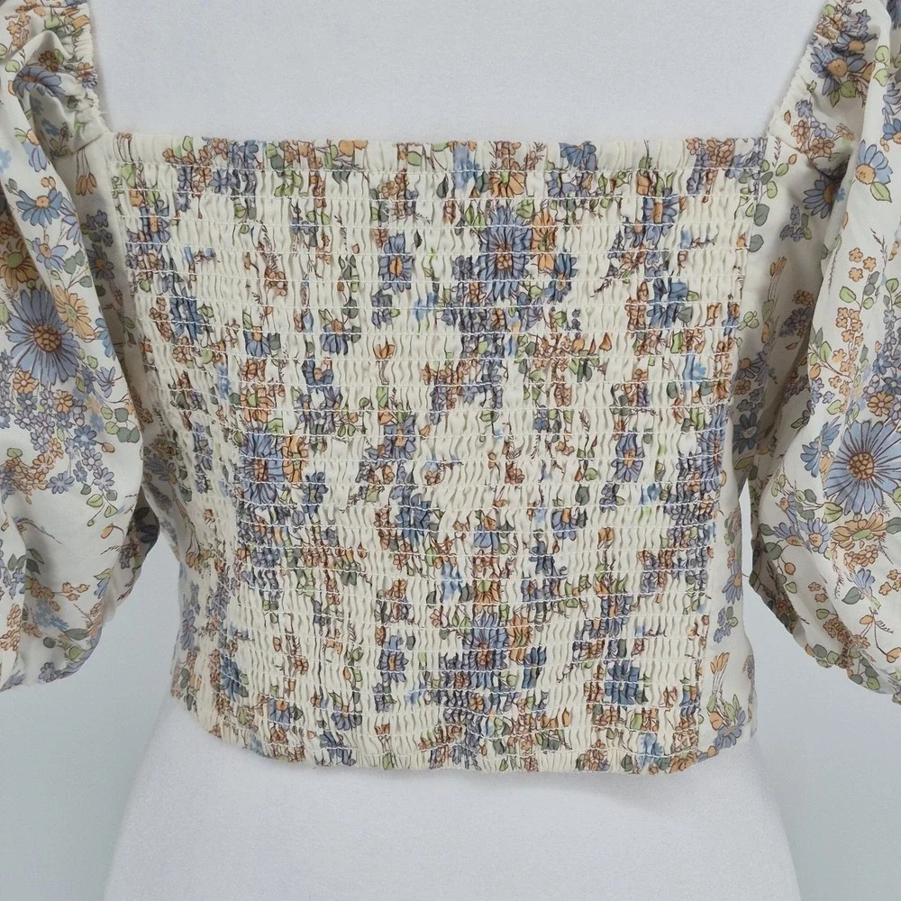 Abercrombie &‎ Fitch Floral Puff Sleeve Poplin O-Ring Crop Top Blouse Women's M